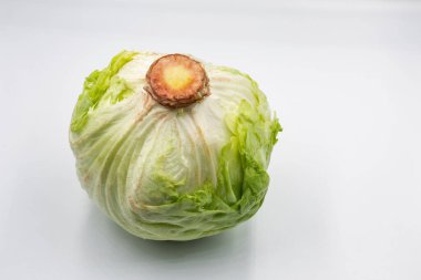 Beyaz arka planda bir buzdağı marulu başı..