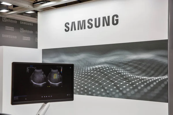 stock image Kyiv, Ukraine - March 29, 2023: Samsung ultrasound medical diagnostic equipment company booth during exhibition in MVC.