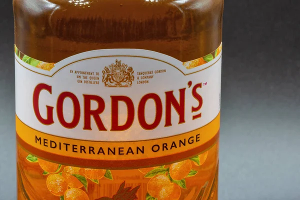 Kyiv Ukraine February 2023 Gordons Mediterranean Orange Gin Bottle Label — Stock Photo, Image