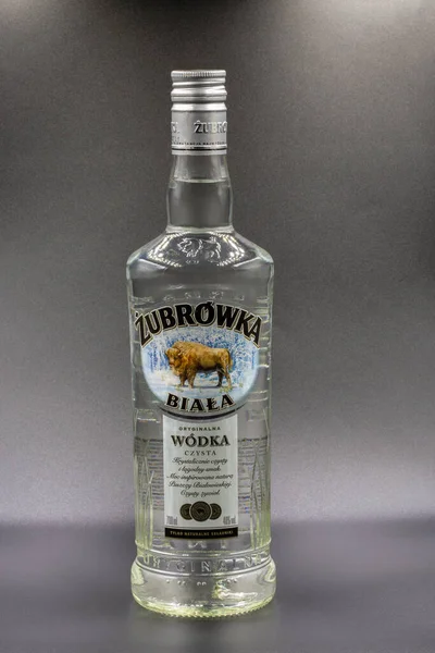 stock image Kyiv, Ukraine - February 08, 2023: Studio shoot of Zubrowka Biala vodka bottle closeup against black. It is a flavored Polish vodka liqueur, which contains a bison grass blade in every bottle.