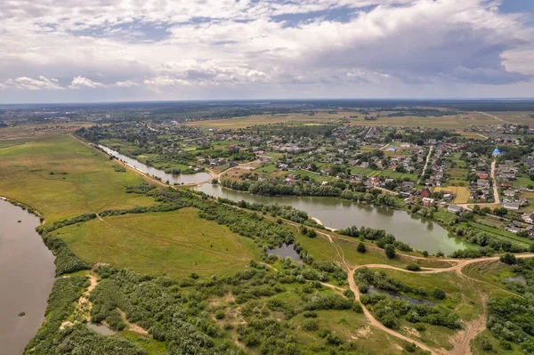 Aerial Drone Top View Liukhcha Village Sluch River Lake Rivne — Stock Photo, Image