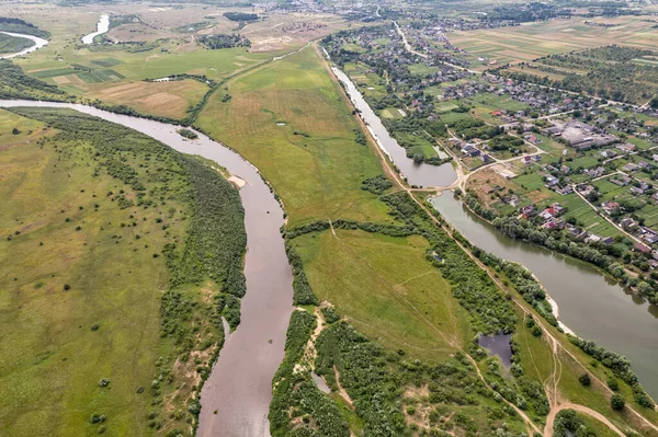 Aerial Drone Top View Liukhcha Village Sluch River Lake Rivne — Stock Photo, Image