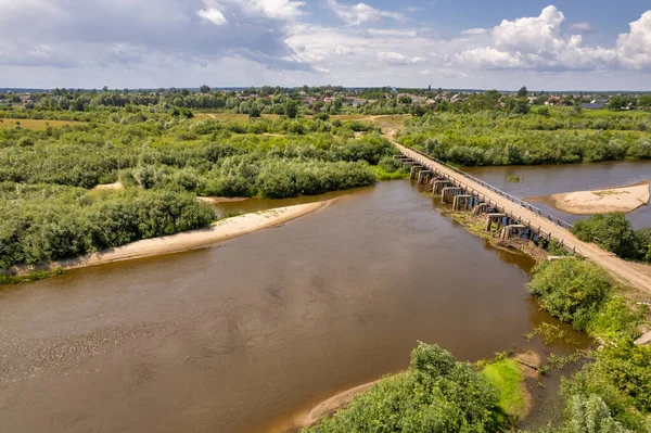 Aerial Drone Top View Sluch River Old Bridge Liukhcha Village — Stock Photo, Image