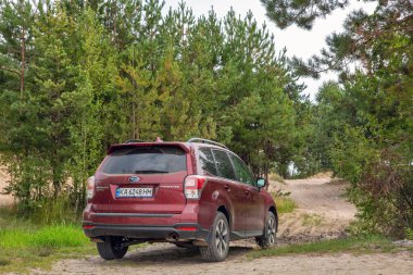Varash, Ukrayna - 25 Ağustos 2023: bir orman kum çukurunda kırmızı SUV Subaru Forester. Subaru Forester 1997 'den beri Subaru tarafından üretilen kompakt bir geçiştir..