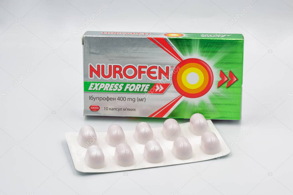 Kyiv, Ukraine - August 5, 2023: Studio shot of Nurofen Express Forte 400 mg pack and blister closeup against white. Nurofen is an Ibuprofen based tablet used for relieving pain, fever and inflammation