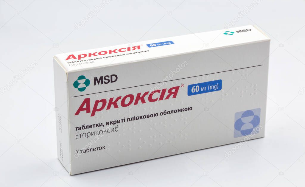 Kyiv, Ukraine - July16, 2022: Arcoxia 60 mg Etoricoxib tablets box, product of MSD closeup. Selective inhibitor of cyclooxygenase-2 (COX-2). Anti-inflammatory drug.