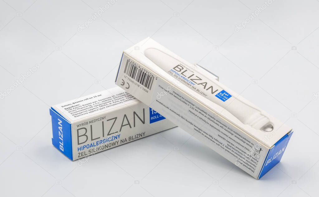 Kyiv, Ukraine - June 09, 2023: Blizan by Aristo packs closeup on white. It is a silicone gel in a bottle with a roll-on applicator uses for scars of different origins.