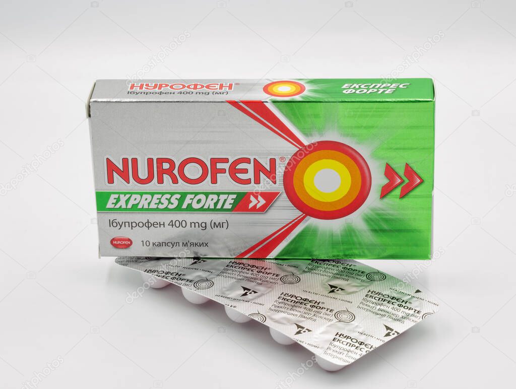 Kyiv, Ukraine - August 5, 2023: Studio shot of Nurofen Express Forte 400 mg pack and blister closeup against white. Nurofen is an Ibuprofen based tablet used for relieving pain, fever and inflammation