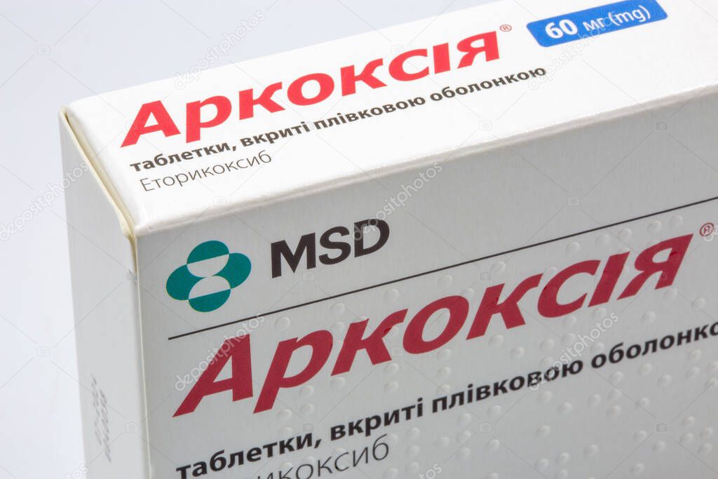 Kyiv, Ukraine - July16, 2022: Arcoxia 60 mg Etoricoxib tablets box, product of MSD closeup. Selective inhibitor of cyclooxygenase-2 (COX-2). Anti-inflammatory drug.