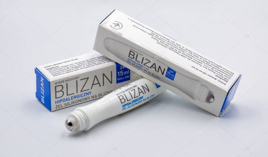 Kyiv, Ukraine - June 09, 2023: Blizan by Aristo packs closeup on white. It is a silicone gel in a bottle with a roll-on applicator uses for scars of different origins.
