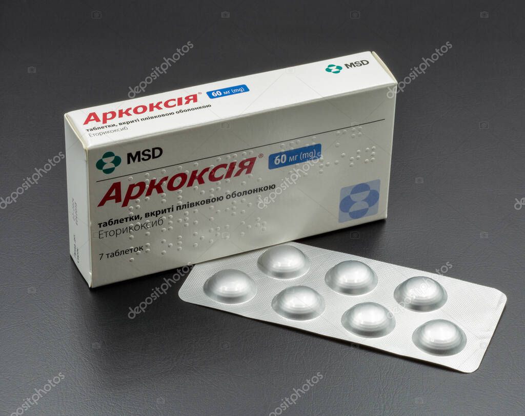 Kyiv, Ukraine - July16, 2022: Arcoxia 60 mg Etoricoxib tablets, product of MSD closeup. Selective inhibitor of cyclooxygenase-2 (COX-2). Anti-inflammatory drug.