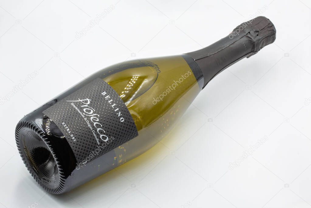 Kyiv, Ukraine - November 18, 2023: Studio shoot of Italian Bellino extra dry prosecco bottle closeup against white background.