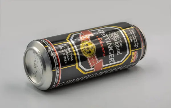 stock image Kyiv, Ukraine - October 08, 2022: Studio shoot of German Oettinger Schwarzbier can closeup against white background.