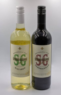 Kyiv, Ukrayna - 15 Mart 2023: Senorio Segorbe Macabeo ve Tempranillo İspanyol kırmızı ve beyaz şarap şişelerinin stüdyo çekimi beyaz arka plana yakın plan.