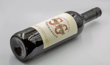 Kyiv, Ukrayna - 15 Mart 2023: Senorio Segorbe Tempranillo stüdyo çekimi İspanyol kırmızı şarap şişesi beyaz arka plana yakın çekim.