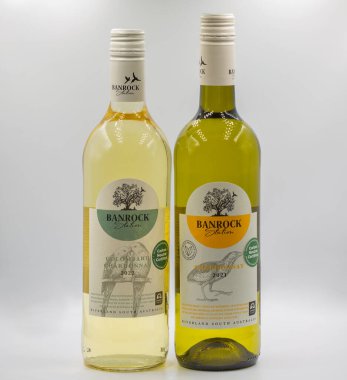 Kyiv, Ukrayna - 4 Şubat 2024: Banrock Station Colombard Chardonnay ve Chardonnay 'in stüdyo çekimi.