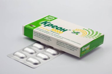 Kyiv, Ukrayna - 29 Mart 2024: Abbott 'un pankreas eksokrin yetersizliği için hazırladığı kreon pankreas pankreas fibrozu, kronik fibrozis, kısmi pankreatektomi.
