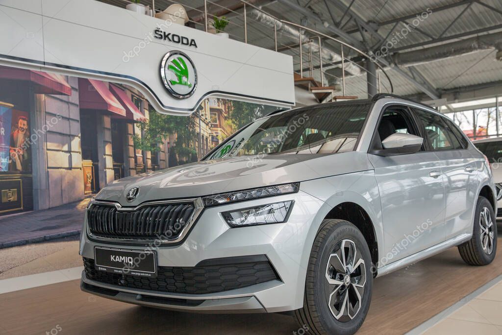 Kyiv, Ukraine - May 08, 2023: Czech new car model Skoda Kamiq closeup on display in trade auto salon Praha Auto. Kamiq is a subcompact crossover SUV introduced in 2019.