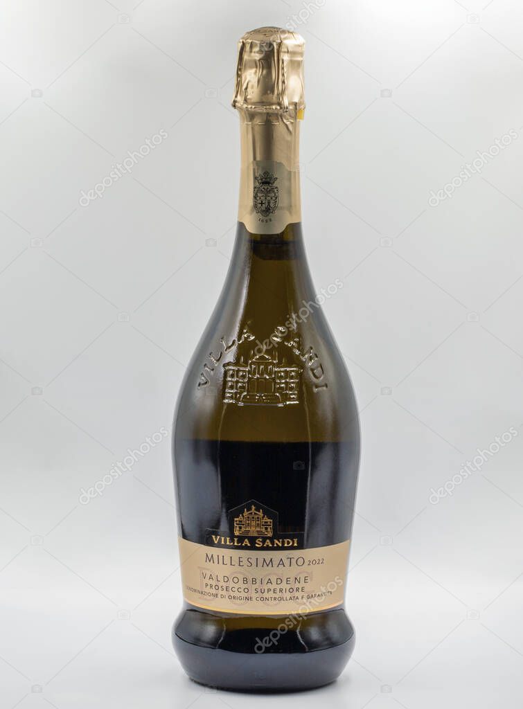 Kyiv, Ukraine - December 18, 2023: Studio shoot of Italian Millesimato Valdobbiadene Villa Sandi Prosecco Superiore 2022 bottle closeup against white background.