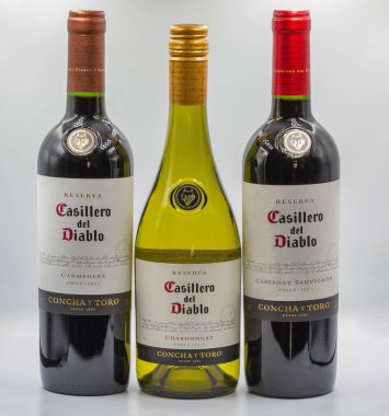 Kyiv, Ukrayna - 15 Haziran 2024: Casillero del Diablo Chardonnay stüdyo çekimi, Cabernet Sauvignon ve Carmenere by Concha y Toro beyaz ve kırmızı şarap şişeleri beyaz arka planda yakın plan.