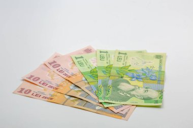 Romanya 'nın farklı banknotlarının stüdyo çekimi beyaza yakın çekim.