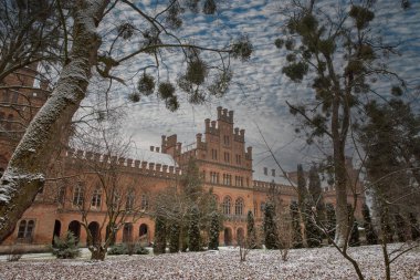 Chernivtsi Ulusal Üniversitesi (eski Metropolitanların evi) Seminer binası ve kışın Botanik Bahçesi, Ukrayna.
