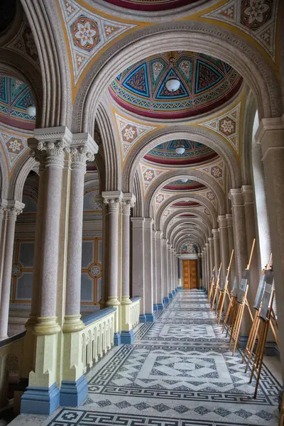 Ukrayna 'daki Chernivtsi Ulusal Üniversitesi' nin iç kolonları ve kemerli koridoru...