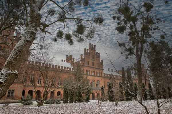 Chernivtsi Ulusal Üniversitesi (eski Metropolitanların evi) Seminer binası ve kışın Botanik Bahçesi, Ukrayna.