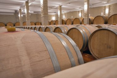 Şarap meşesi fıçıları bir şarap üreticisinin mahzenine yakın..