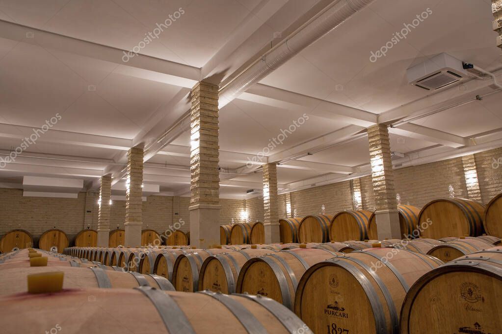 Purcari, Moldova - January 03, 2025: Wine oak barrels closeup in the cellar of wine producer. Purcari Winery has entered over 30 markets in Europe, North America and East Asia.