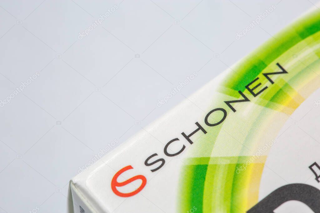 Kyiv, Ukraine - February 08, 2025: Schonen logo on packaging of medical product closeup with copy space. It is a Swiss brand specializing in the production of innovative health products.