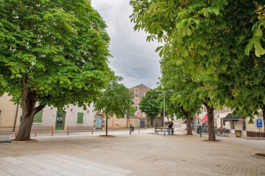 Visnjan, Hırvatistan - 22 Mayıs 2025: Tarihsel ve modern binalar ve sakin bir yaz atmosferiyle, yemyeşil kestane ağaçları sessiz bir meydanı gölgeliyor.