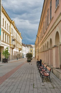 Klasik mimarinin yer aldığı pastel renkli tarihi binalarla kaplı kaldırım taşlı yaya bölgesi. Avrupa şehir merkezinde bulutlu gökyüzünün altında süslü banklar ve saksılar. Nagykanizsa, Macaristan.