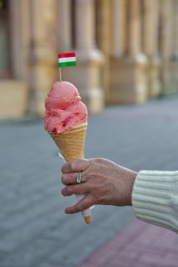 Elinde iki kepçe çilekli dondurma olan bir waffle külahı vardı. Üzerinde küçük bir Macar bayrağı vardı. Bulanık bir şehir sokaklarının arka planında..