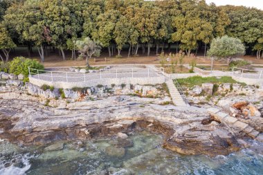 Hırvatistan 'ın Istria kentindeki kayalık bir kıyı şeridinin hava aracı görüntüsü, kristal berraklığında turkuaz su, kıyıya doğru taş basamaklar ve uçurumların üzerindeki yemyeşil orman.