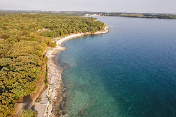 Hırvatistan 'ın Istria kentindeki Istria kentindeki ormanlık Lanterna yarımadası tatil beldesinin hava gün batımı drone görüntüsü, etrafı oteller ve eğlence tesisleriyle çevrili Adriyatik sularıyla çevrili. Arkaplanda Cervar-Porat.