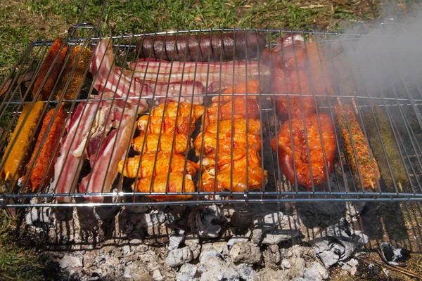 各类肉类及香肠在户外烤架上烘烤的详情 — 图库照片