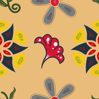 batik klasik kahverengi sarı çiçekler pürüzsüz desen vektörü 