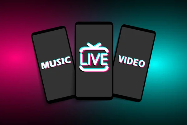 人気のソーシャルメディアのアイコンを持つスマートフォンTiktok現代的な背景にあります ライブ ビデオ ベクターイラスト — ストックベクタ