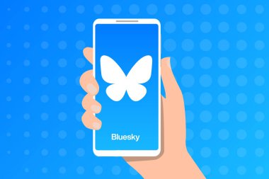 Mavi arka planda Bluesky 'nin sosyal platformu logosu olan akıllı telefonu tutan insan eli. EPS10