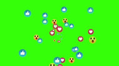 Sosyal medya ikonu animasyonu. Başparmak yukarı (gibi), kalpler ve emoji - sosyal medya canlı video yeşil arka planda izole. Ağ pazarlaması. Başvuru reklamı. 4K