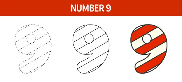 Number Candy Cane Tracing Coloring Worksheet Kids — Stock Vector