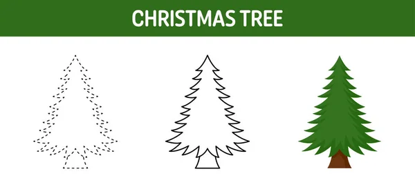 Christmas Tree Tracing Coloring Worksheet Kids — Stock Vector