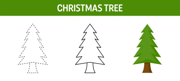 Christmas Tree Tracing Coloring Worksheet Kids — Stock Vector