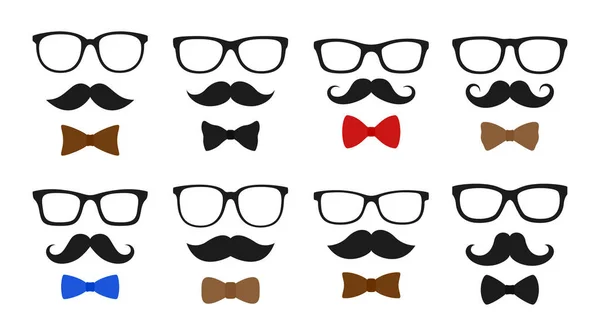 Ensemble Moustache Noeud Papillon Lunettes Dans Style Plat Isolé — Image vectorielle