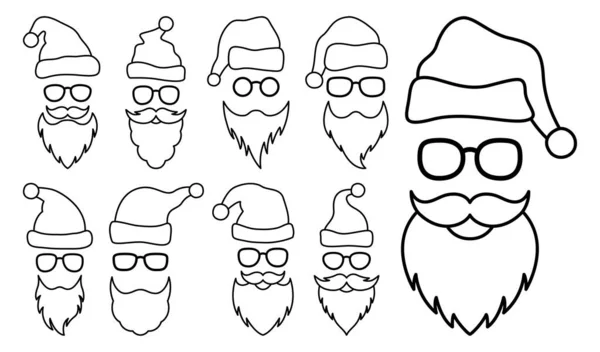Набір Бороди Різдвяним Капелюхом Окулярами Стилі Лінії Ізольовані — стоковий вектор