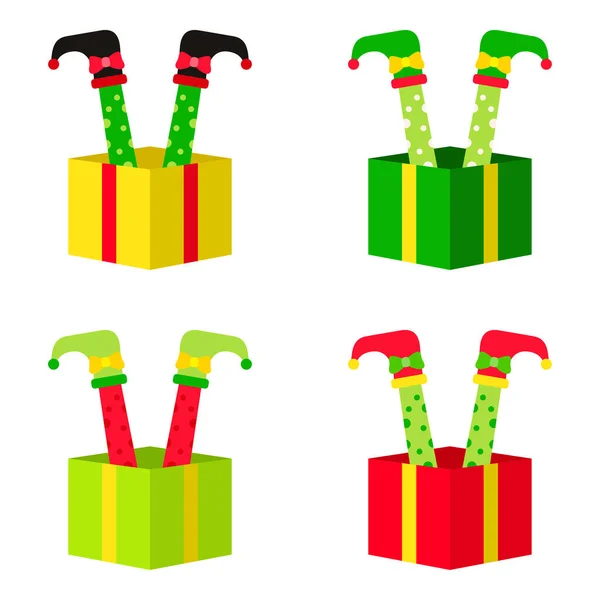 Set Elfenfüße Mit Geschenkbox Flachem Stil Isoliert — Stockvektor