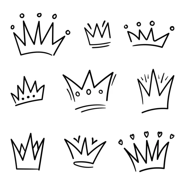 Set Van Doodle Crown Schets Met Hand Getekend Stijl — Stockvector