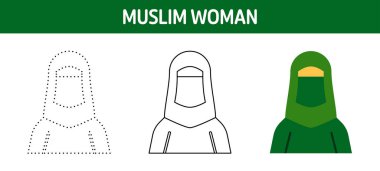 Muslim Woman tracing and coloring worksheet for kids