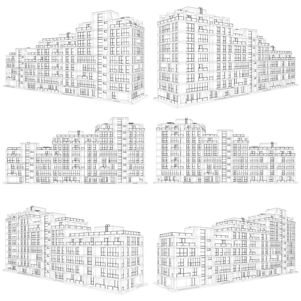Moderne Residentiële Gebouw Vector Constructies Van Lijnen Illustratie Geïsoleerd Wit — Stockvector